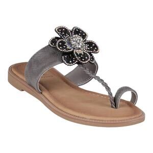 GC Shoes Women's Blossom Flower Embellished Toe Ring Flat Sandals Pewter Size 7